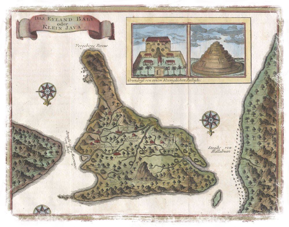 Map of Bali Created in 1760 by French cartographer J. Nicholas Bellin. (Note the German in the upper left, "Das Eyland Baly oder Klein Java" which translates to "The Island Baly, or Minor Java")