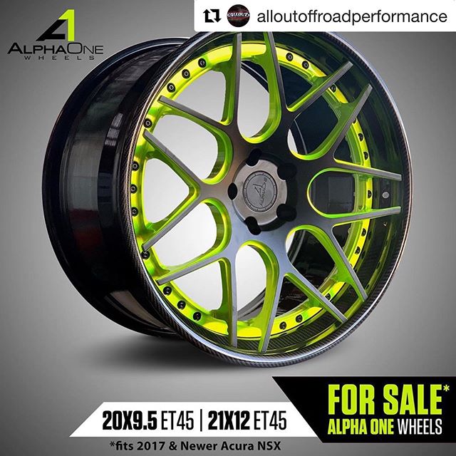 #Repost @AllOutOffroadPerformance ・・・
** FOR SALE **
Alpha One Wheels A1-08 
20x9.5 et45 &amp; 21x12 et45. Fits 2017 or newer Acura NSX -----&gt;&gt; $9,500 &lt;&lt;----- Call: 281-341-9494 
Email: Chance@AllOutOffroad.com | #alloutoffroad #alloutoff