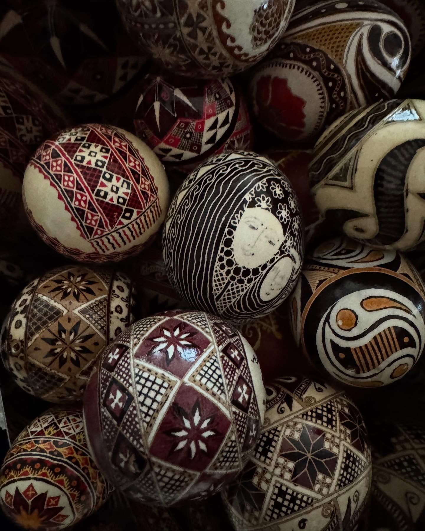 My Easter Basket ...

This collection began when I was about 15 years old. I was gifted a pysanka which even today remains among my most precious objects. 

The pysanka is made with an egg, normally with the yolk blown out. Various designs with pagan