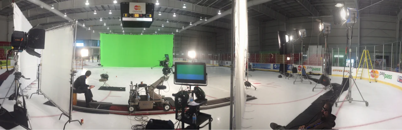 Getting set up for a green screen shoot- 20x40 green screen was lit with two 20ks very far back. Key light was a 20 x 40’ light grid cloth with four T12’s. Back lights were two 10k’s with 250 frames and some fill ready to go was a bunch of 5ks bounced into a 20x 40 silver lame’, white side. The 28-76 zoom was the perfect lens for the job.
