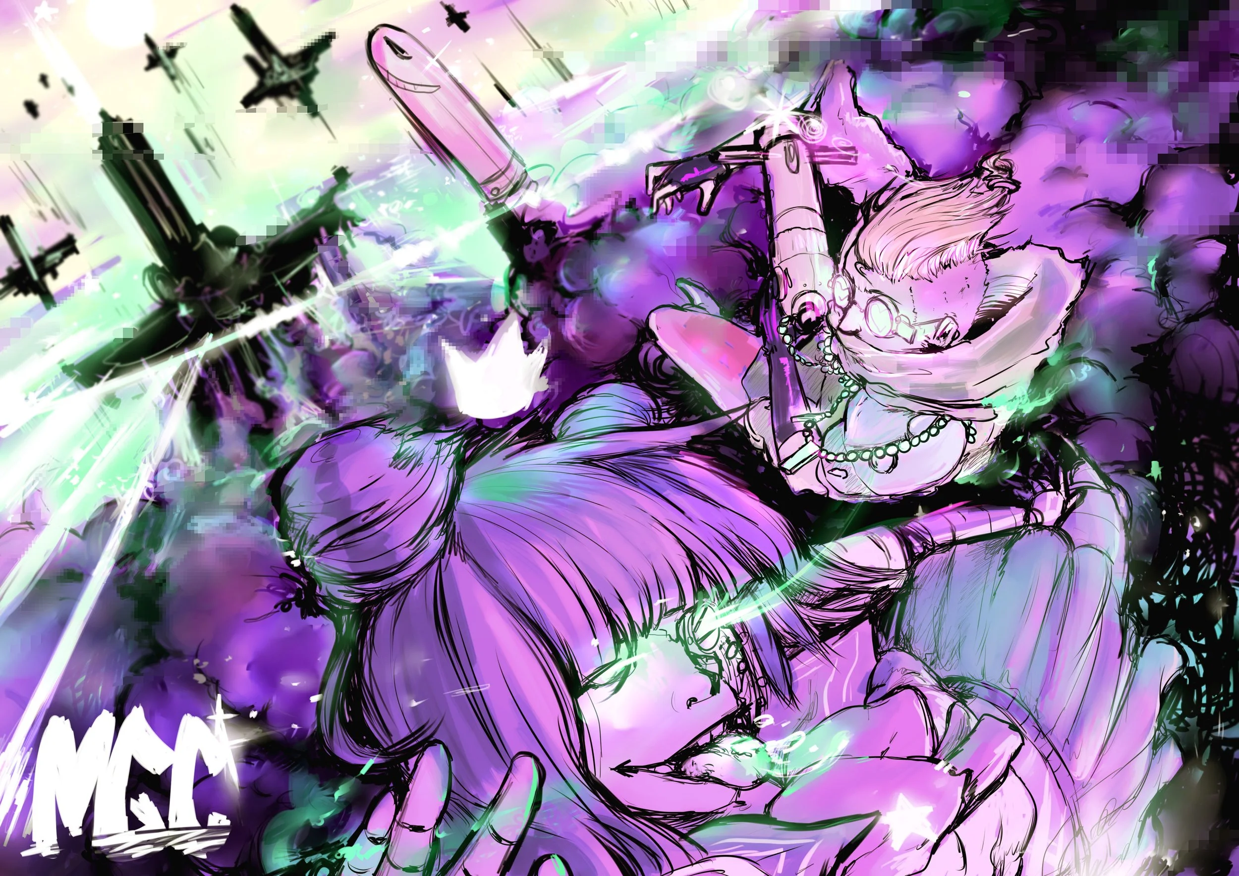 An illustration featuring the cartoon versions of Julius and Ouji falling from the sky alluding to an epic battle they are in the middle of