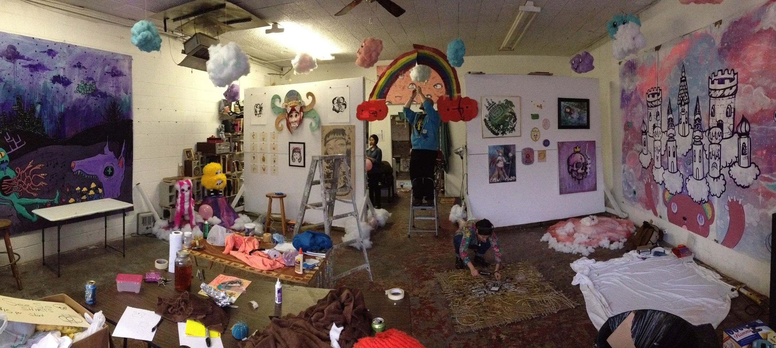 A panaramic photo during the installation process of Mystikawaii Kloud Castle show at Dope Chapel
