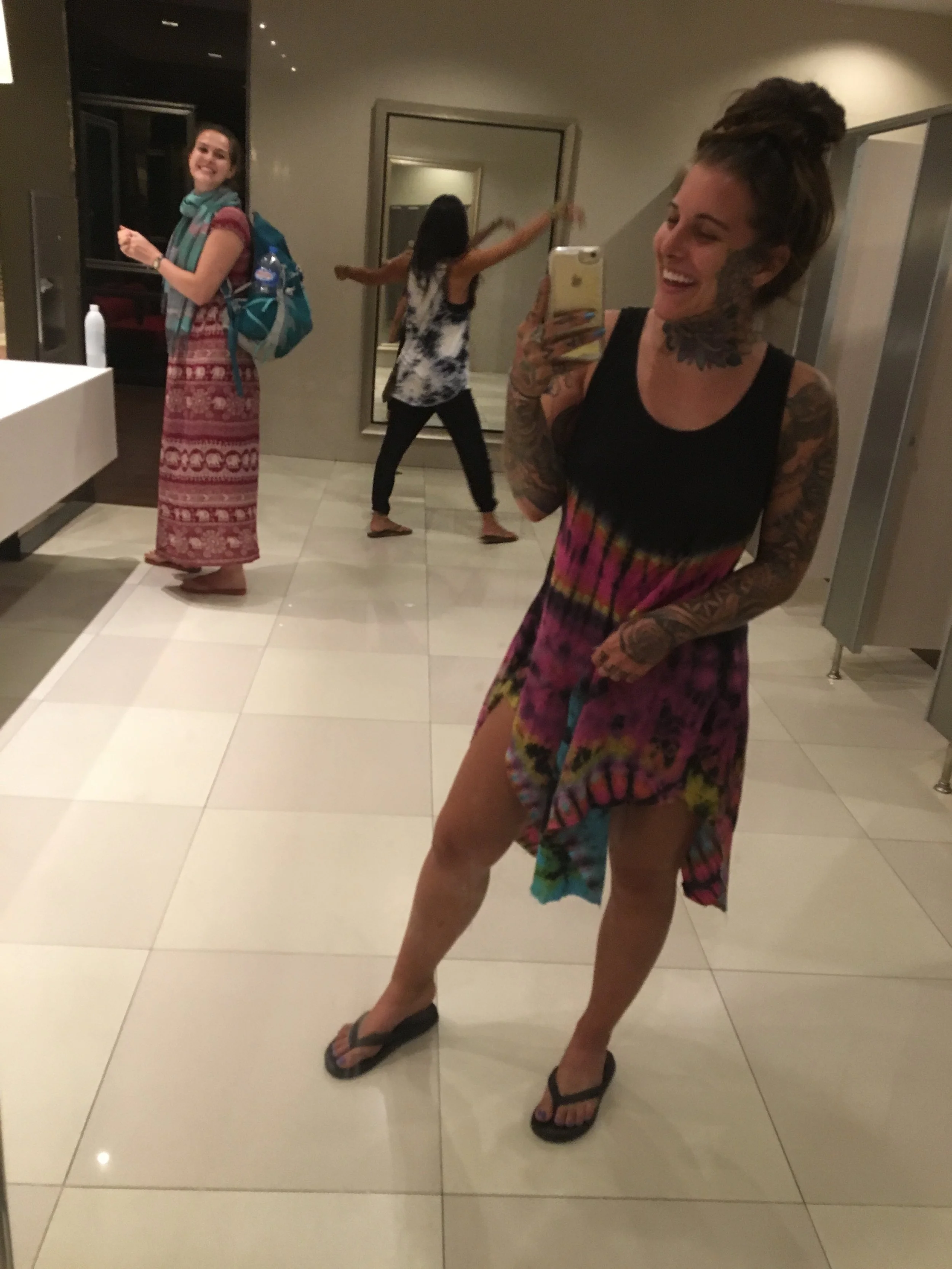 When you haven't seen a full length mirror in months, you play around in the theater bathroom.