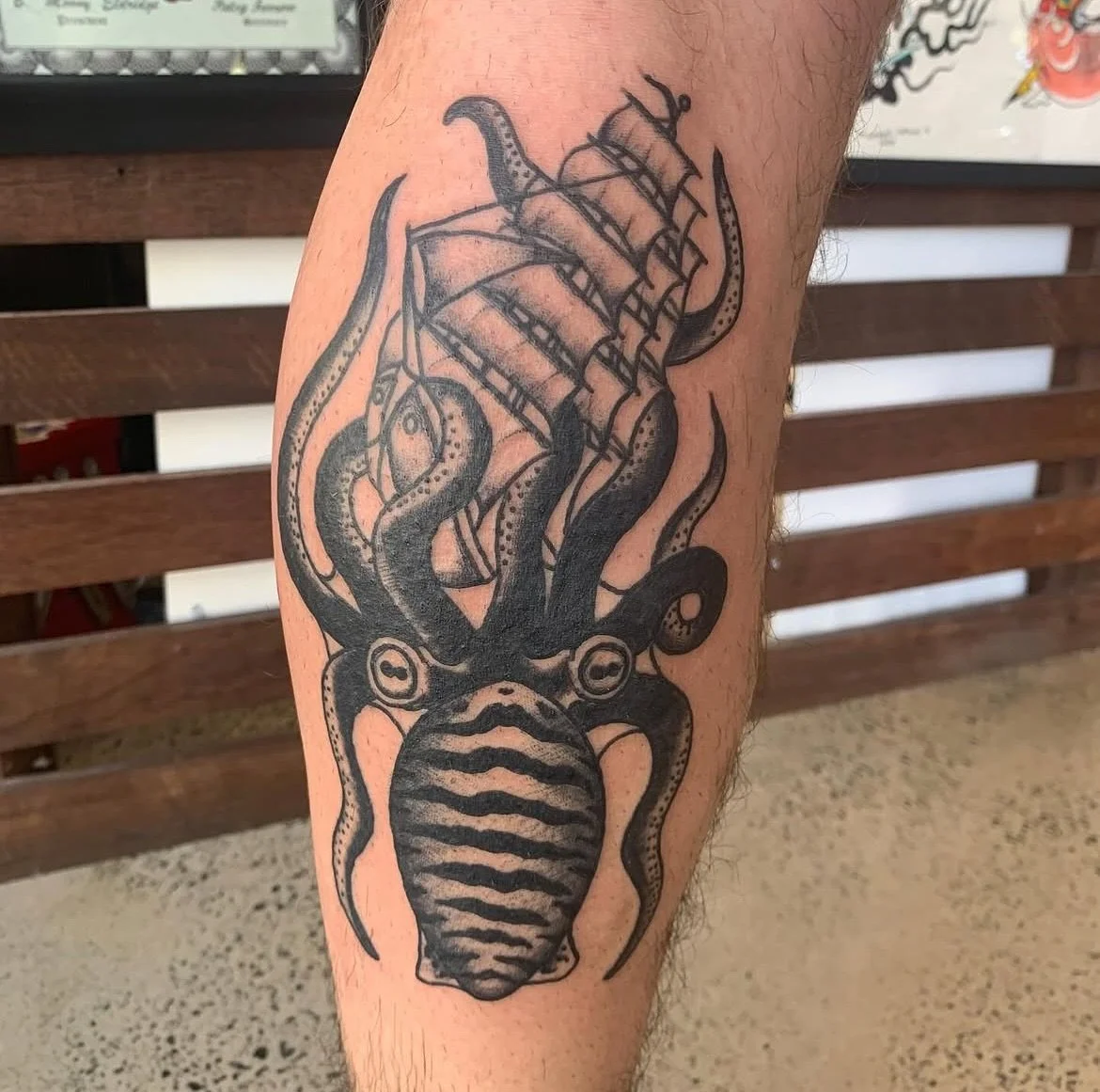 Down with the ship ! 🚢 🐙 
Epic kraken battle done by @emmet_tattoos 

Emmet works with us every Monday and Tuesday 
To book in DM us or Emmet 🔥

#trad #blackandgrey #inked #tradisrad #boldwillhold #tattoo #taot #inked #topclassartist #bunbury #kra