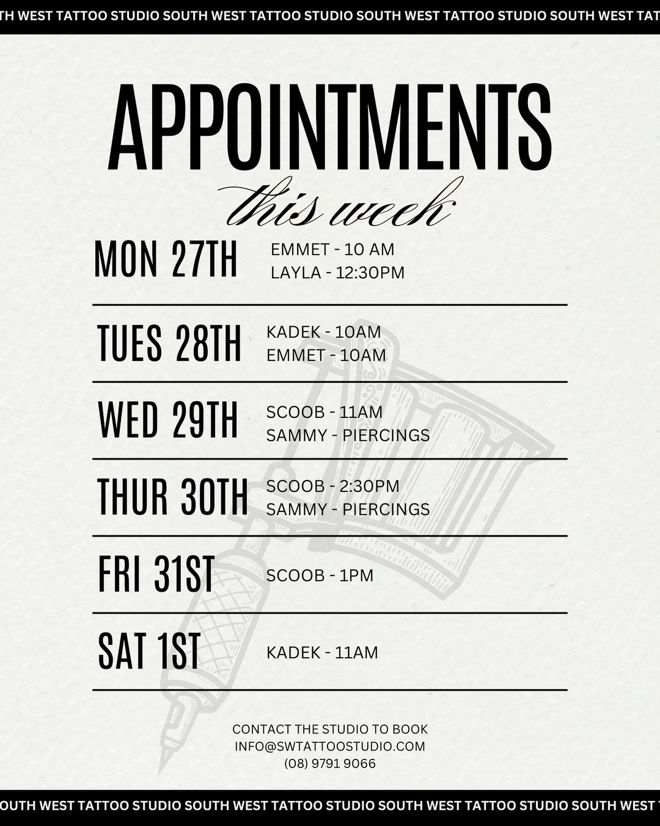 Available appointments next week!! Contact the studio to get a spot locked in 🙌

📧 info@swtattoostudio.com
📞 (08)9791 9066
📱 0461 554 950