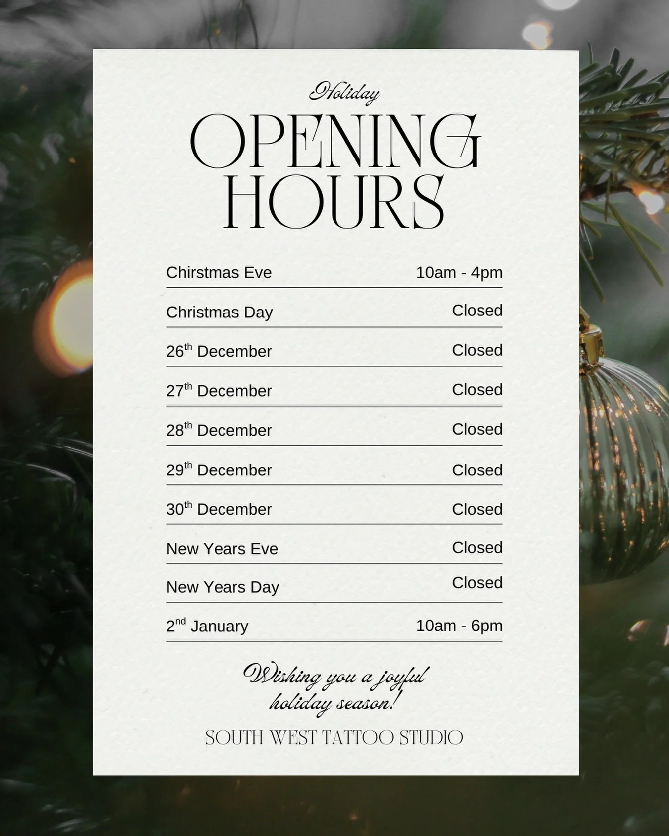 Christmas is quickly approaching! Friendly reminder our studio will be Closed from Christmas Day to New Year&rsquo;s Day!
So things your sign to get in quickly for those new year&rsquo;s bookings 😉

Happy Holidays 🎄🙌

#tat #tattoo #tattoostudio #c