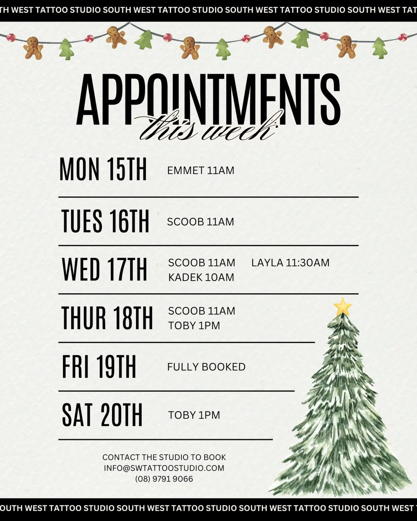 Available appointments next week!! Also a friendly reminder we close from the 25th of December to 1st of January, contact us asap if you are keen to start the new year with some fresh ink!!

Contact the studio to book 🙌
📧 info@swtattoostudio.com
📞