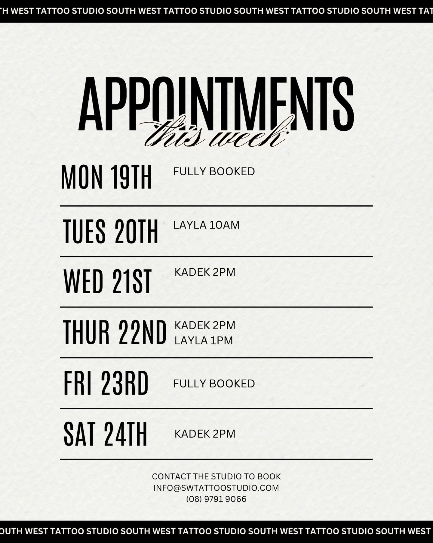 Availability&rsquo;s for this week 🌟 😊 

#tattoo #tattooed #inked #tattooavailable #bunbury #ink #tattoos #designavailable #tattoolifestyle