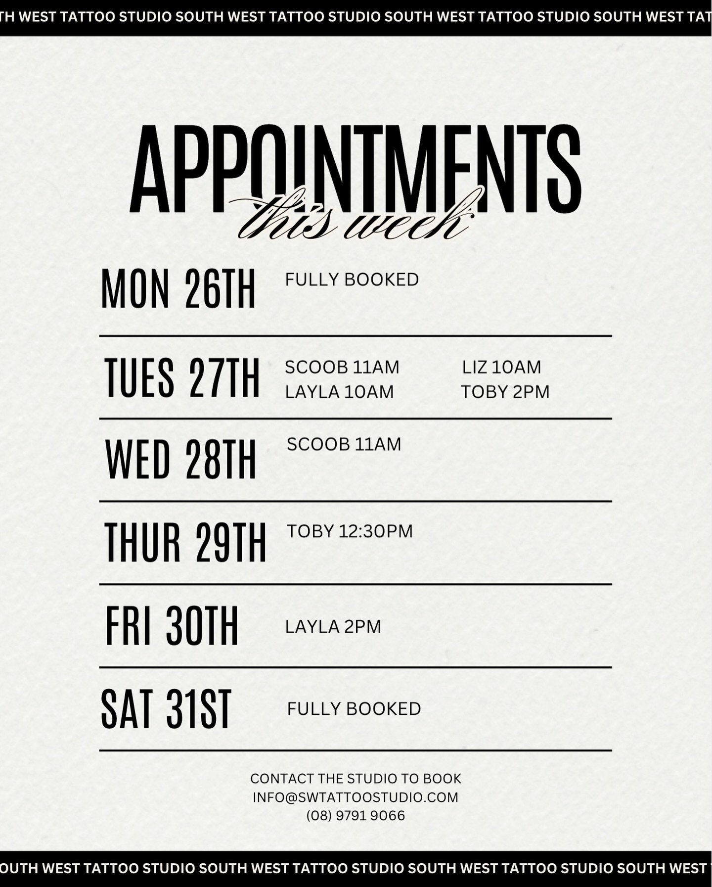 Availabilities this week. Please call the shop, email or head on in to secure your appointment 🙌