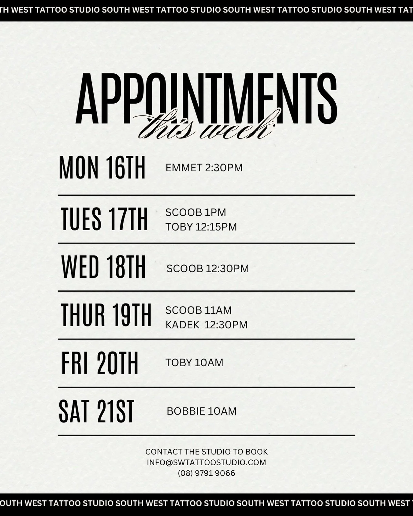 MONDAY 16TH - SATURDAY 21ST
Availability across the board!! Contact the studio to organise a booking with one of our talented artists!!

📧 info@swtattoostudio.com
📱0461 554 950
📞(08)9791 9066

#tatt #tattoo #southwest #southwesttattooers #bunbury