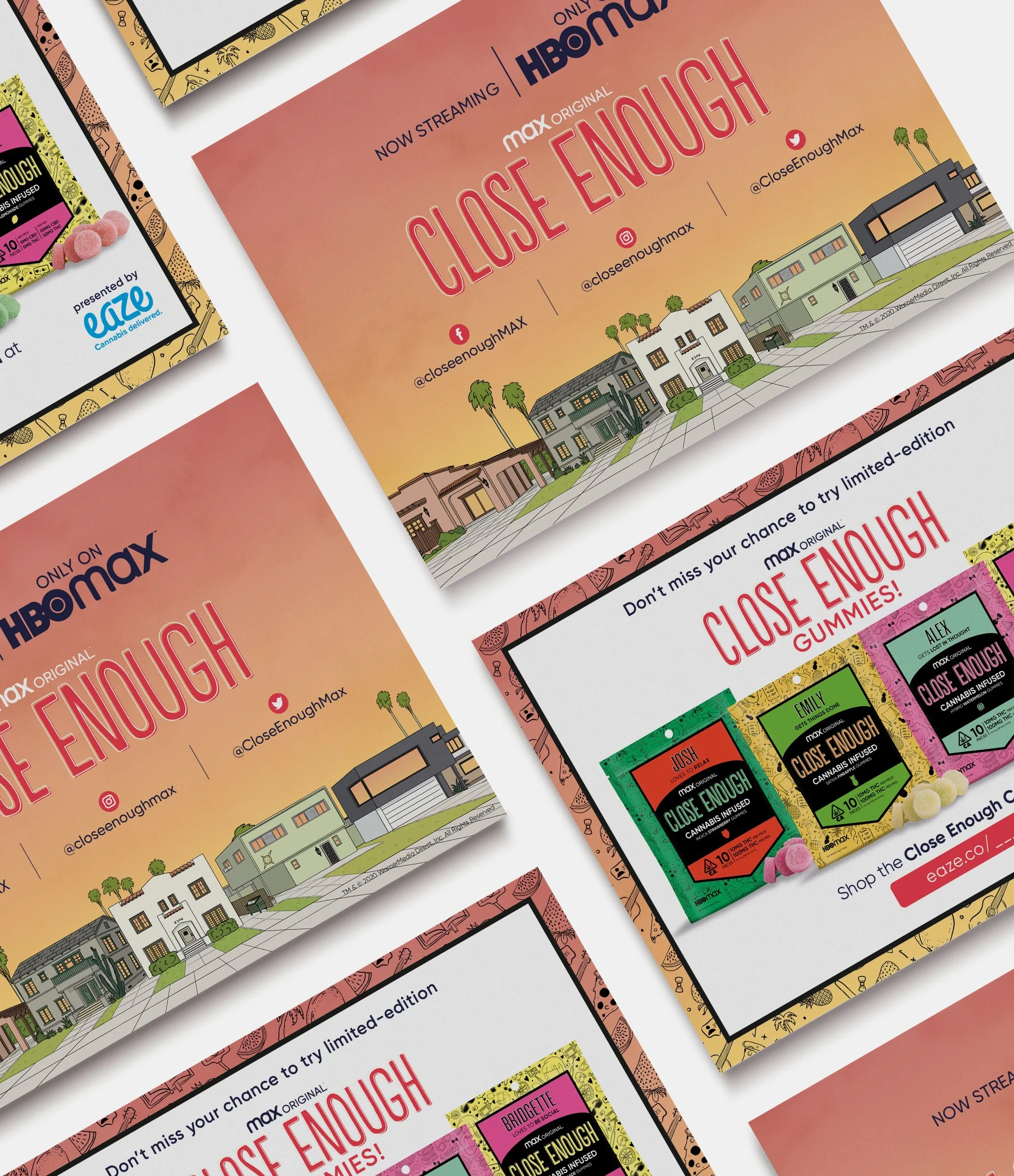  HBO MAX – CLOSE ENOUGH GUMMIES  Layout concepts for a promotional postcard mailer 