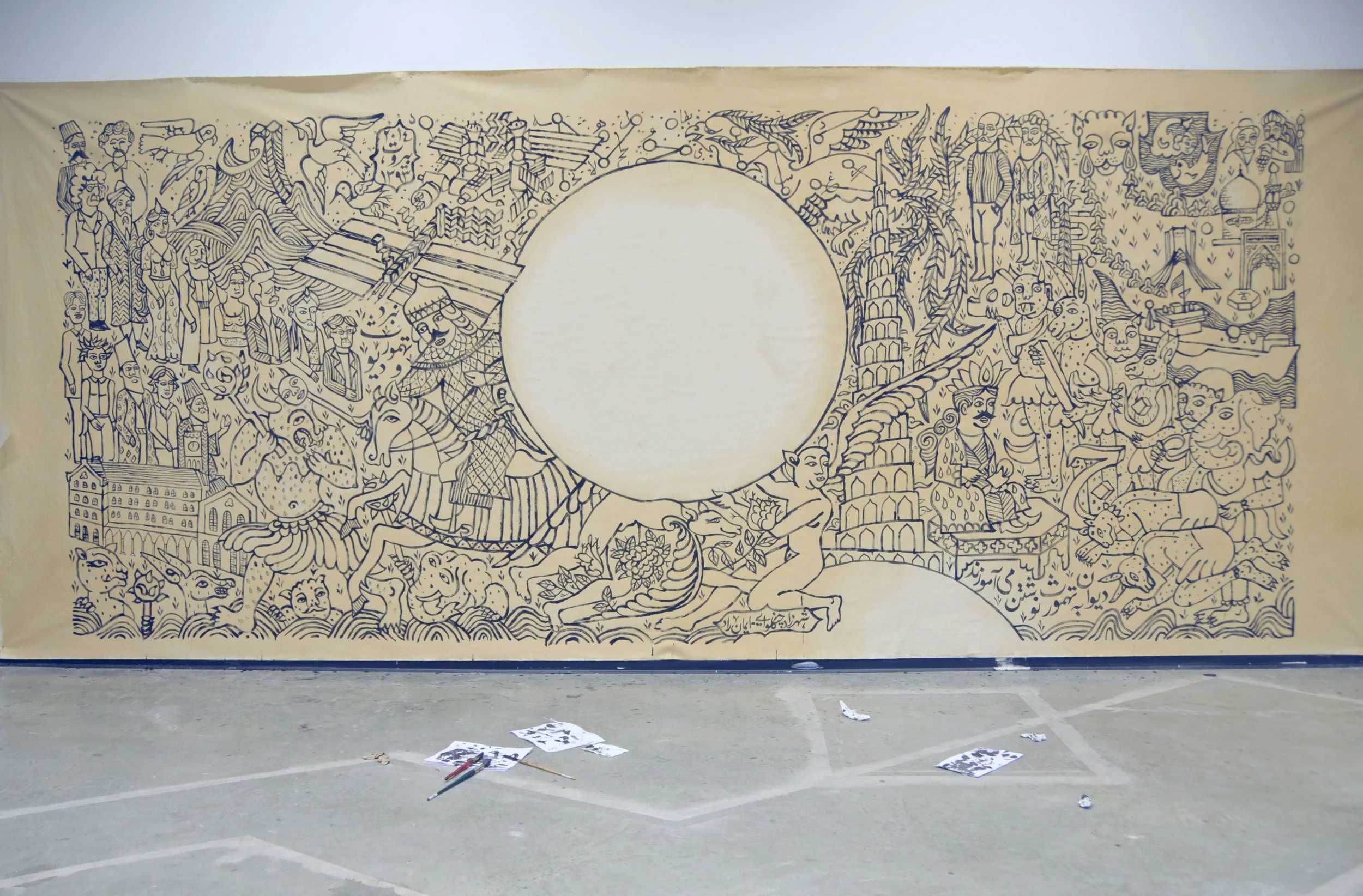 Two-Headed Imagomancy, edition IV, 2015 --image of painting Ink and tea on raw canvas, 600x250 cm --Click on image to enlarge