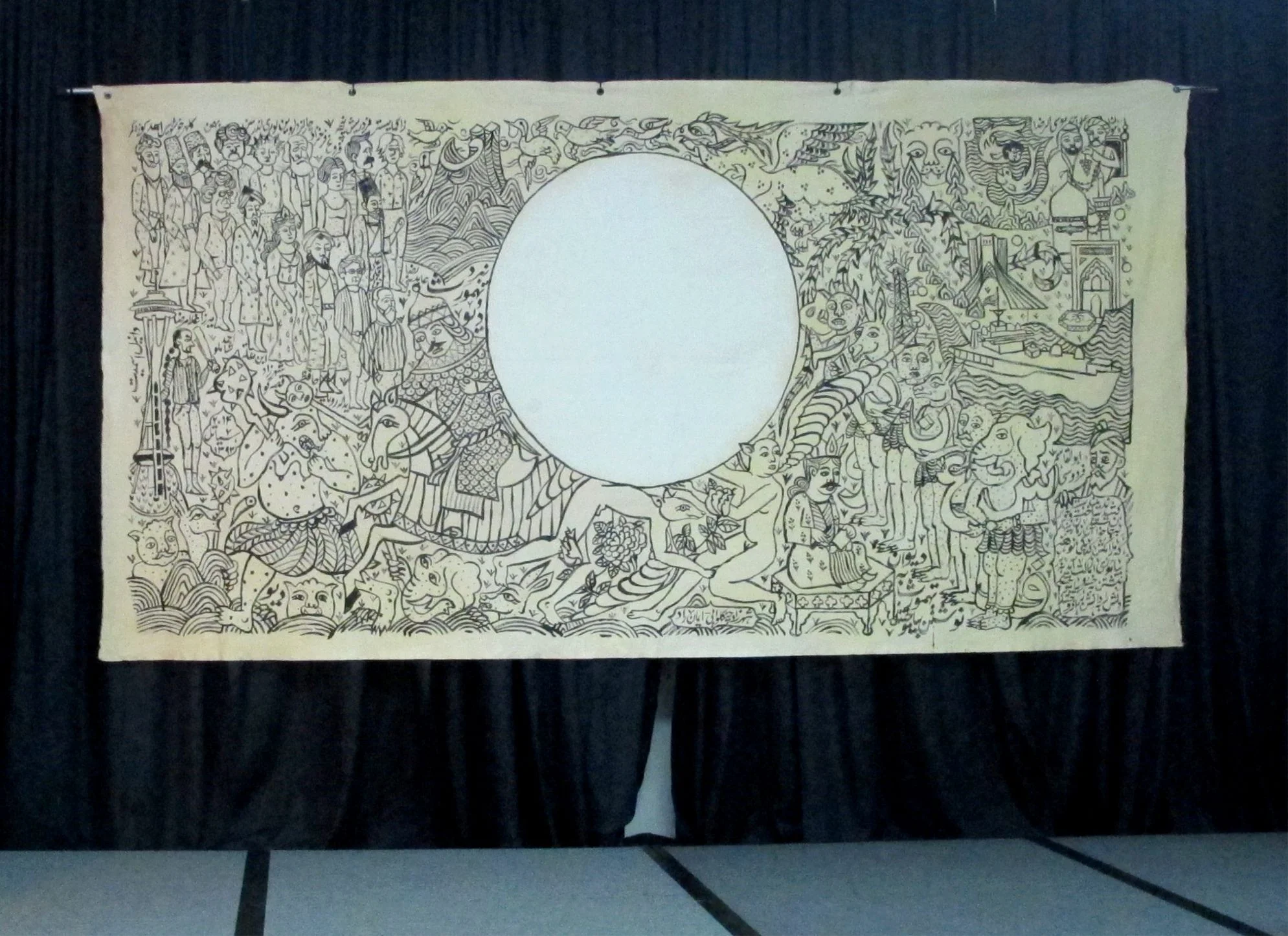 Two-Headed Imagomancy, edition I, 2014 --image of painting Ink and tea on raw canvas, 400x150 cm --Click on image to enlarge