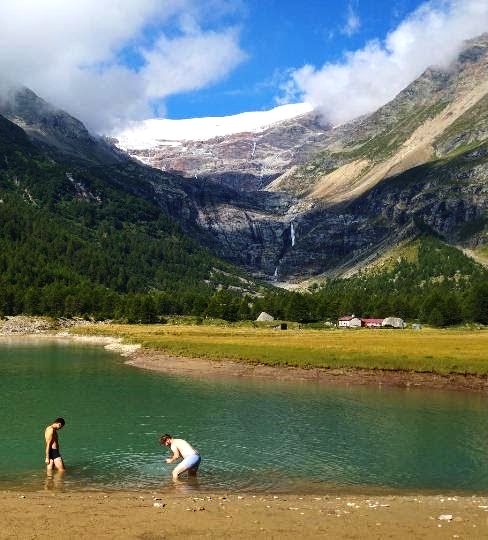 Taking a dip in the freezing lake.