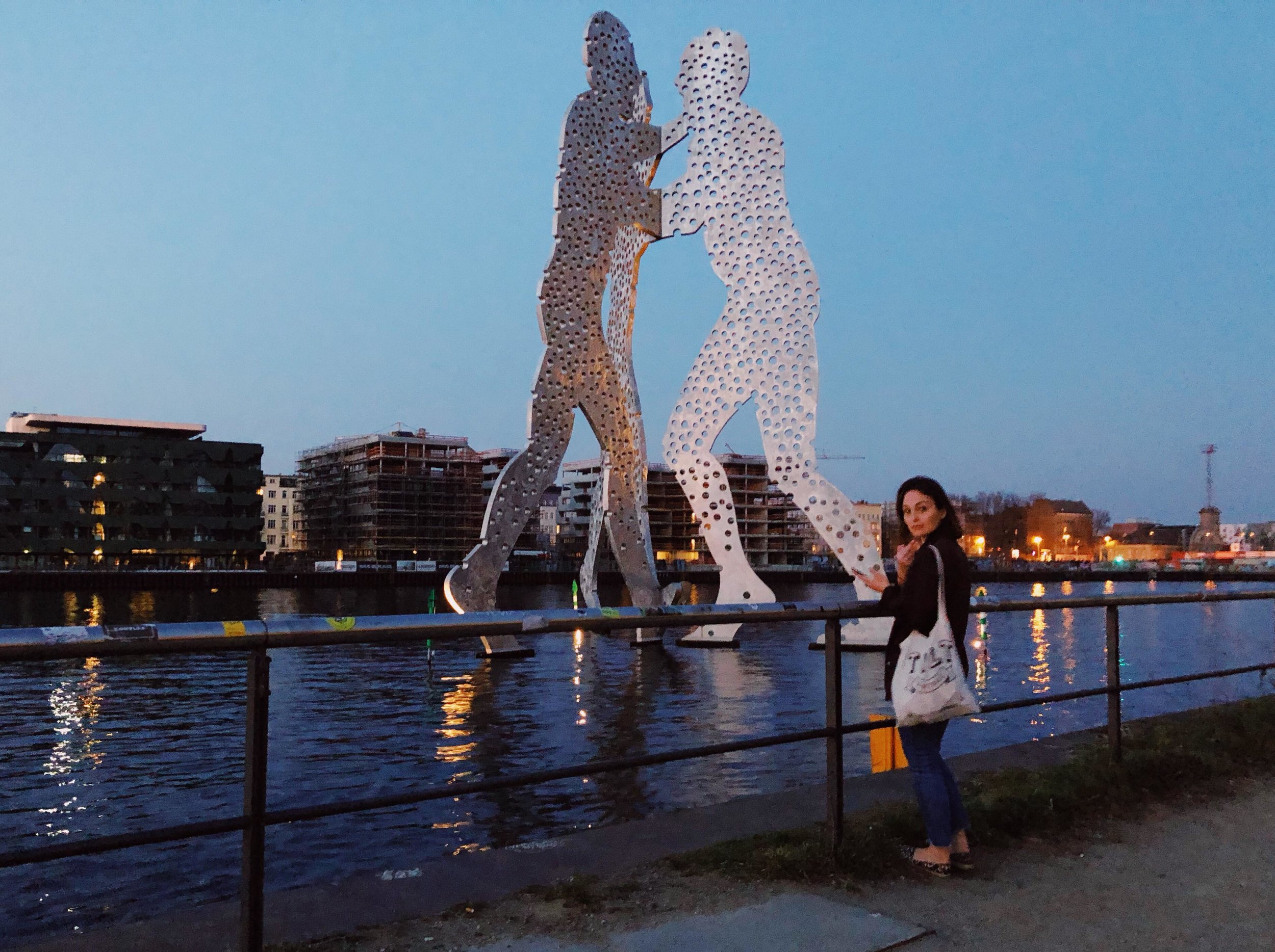 Eulalie by the Molecule Man sculpture on the Spree River near the Treptower Park S-Bahn station.