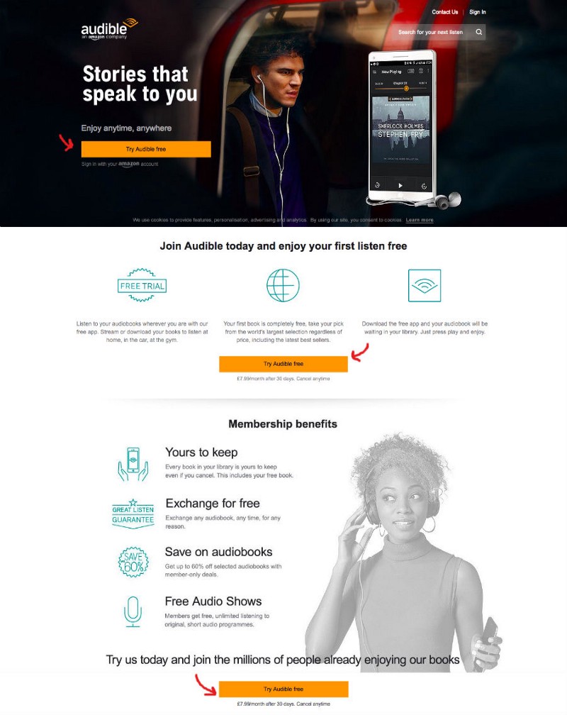 Repeating call-to-actions work well on longer pages.