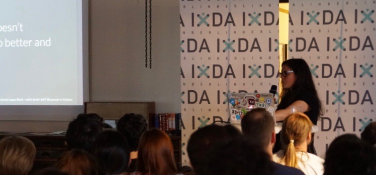 Tamara presenting at IxDA Berlin. Photo by Konrad Röpke.