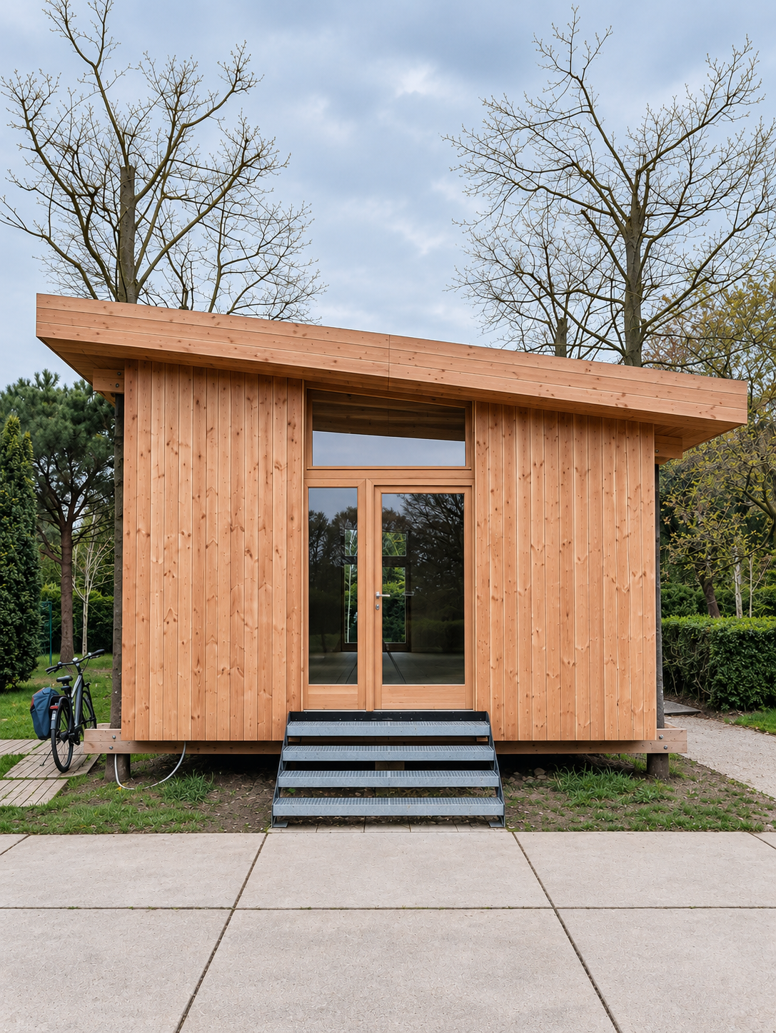 Moderne Holzhütte mit Fahrrad im Park.png