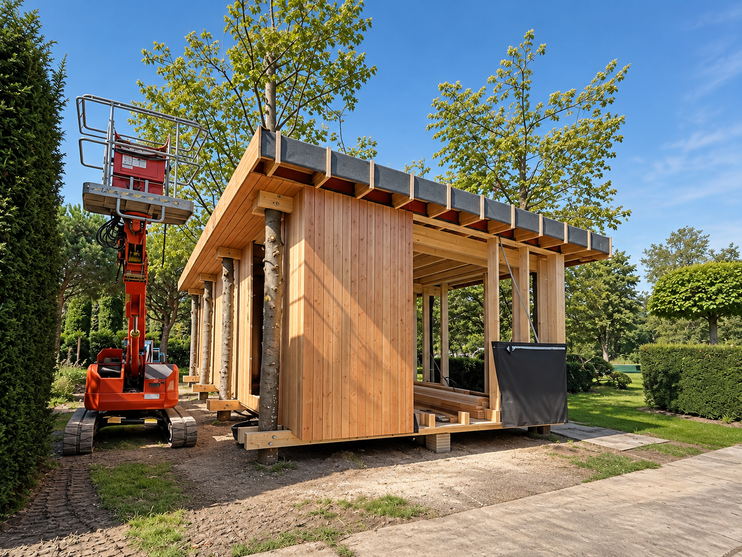 Moderne Holzpavillon-Baustelle im Grünen.png