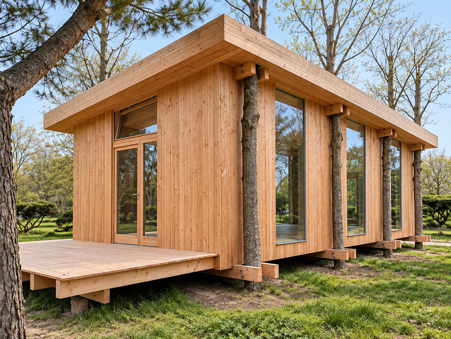 Moderne Waldhütte aus Zedernholz.png