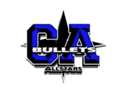 Logo for the CA Bullets All-Stars competitive cheer gym with a black, blue, and white color scheme