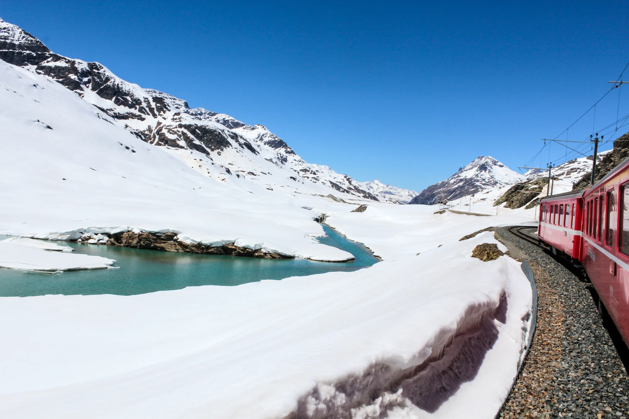 A red train traveling through a snow-covered mountainous landscape with a partly frozen lake and clear blue sky.