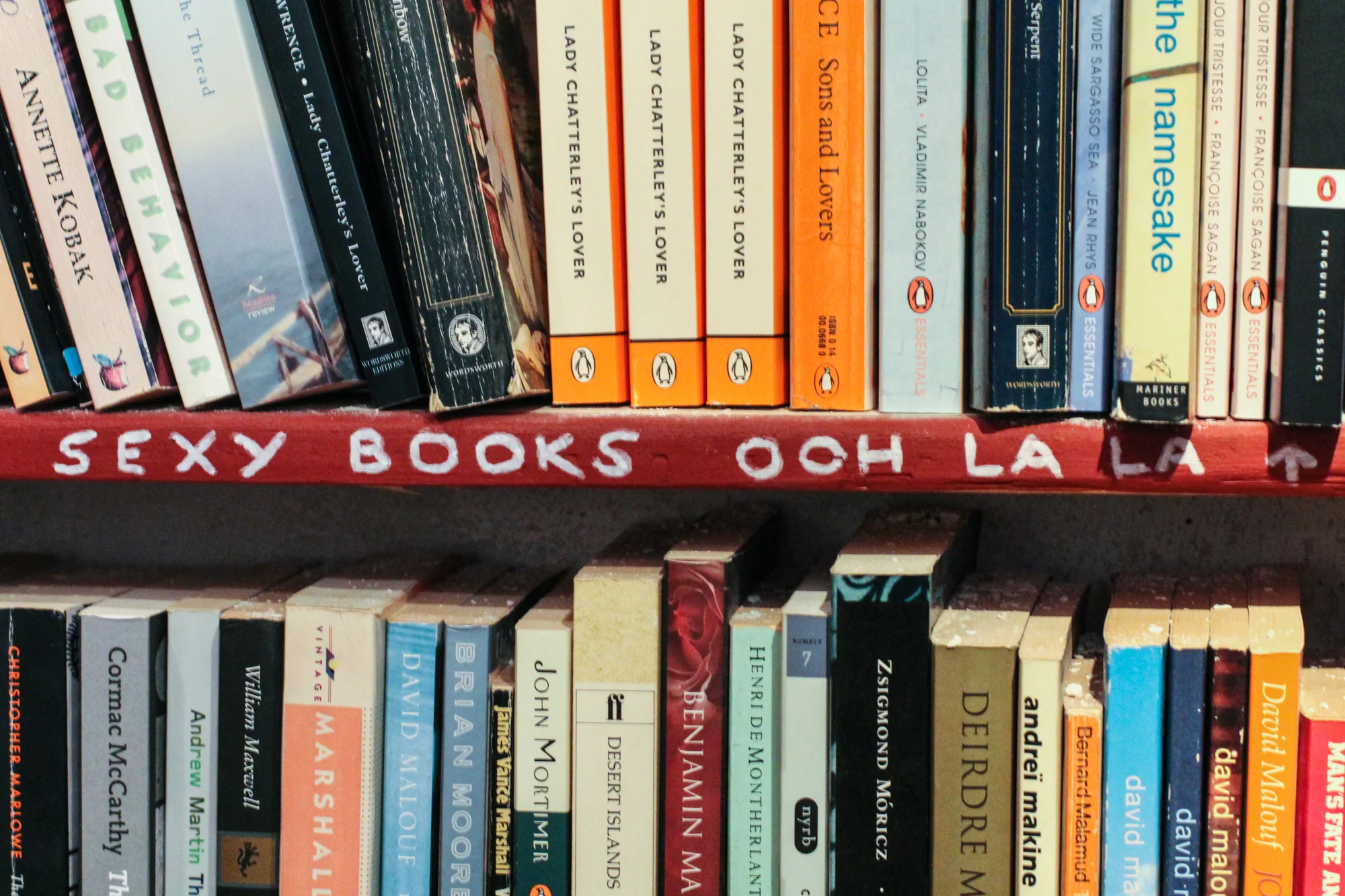 Bookshelf with various books organized into two shelves. The top shelf has books with brightly colored and patterned covers, with a red strip at the front labeled 'SEXY BOOKS OCH LA.' The bottom shelf contains more books with different cover designs,