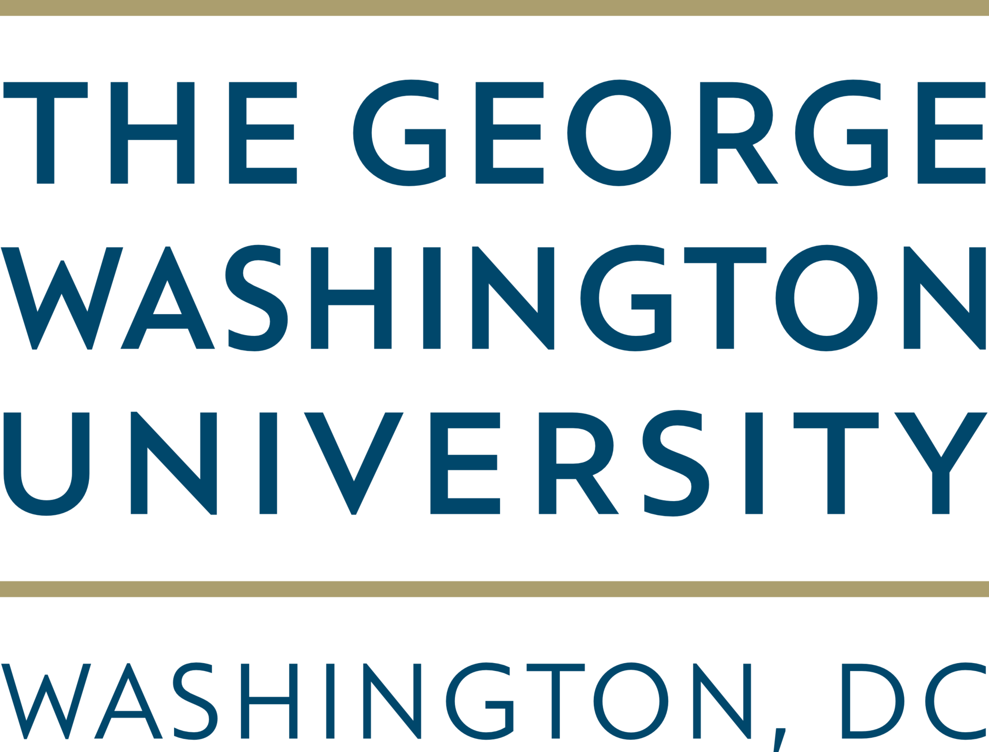 The logo of George Washington University with text in dark blue, and a beige horizontal line, emphasizing the institution's name and location in Washington, D.C.