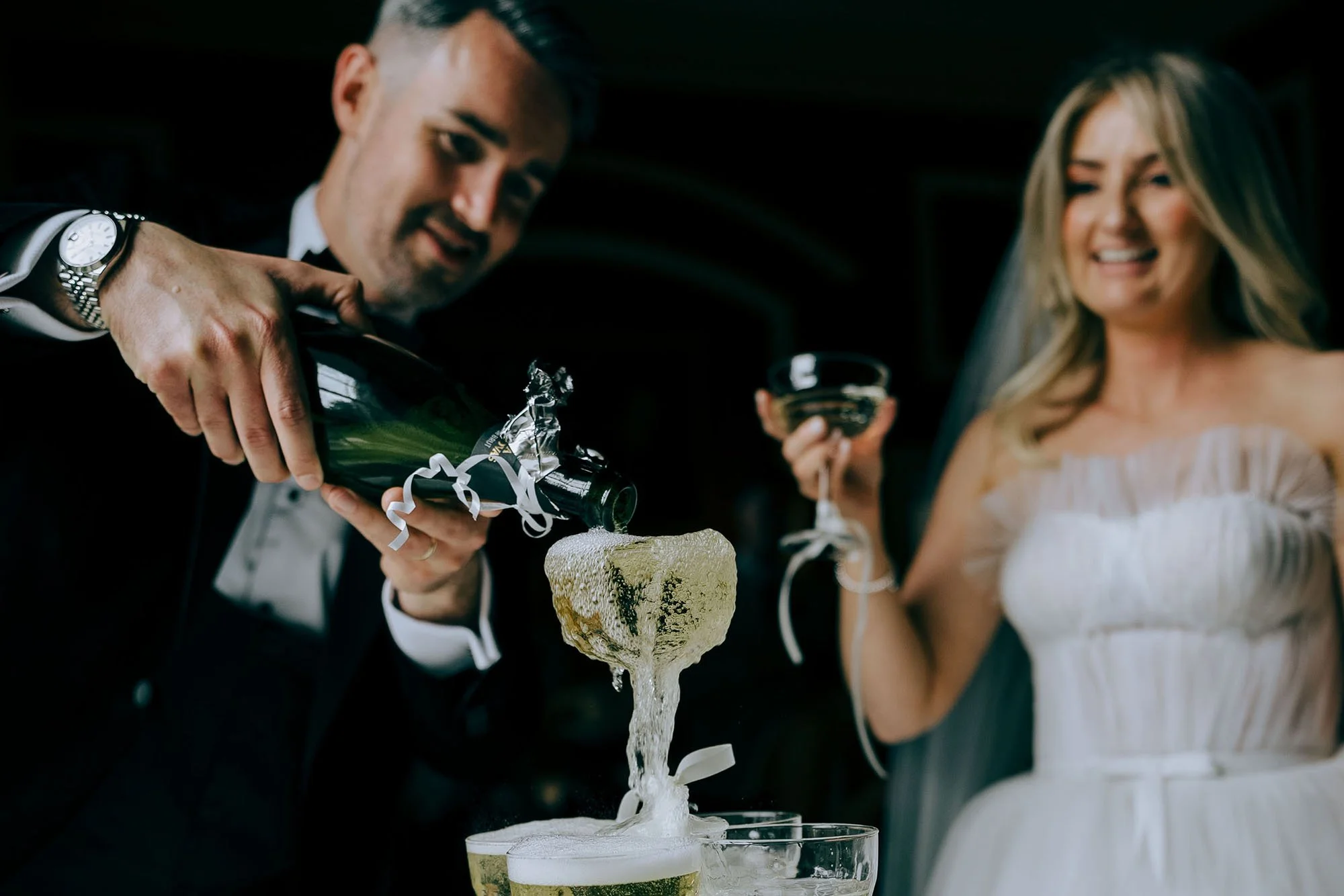 Champagne tower in Tankardstown House after the wedding ceremony in the walled garden