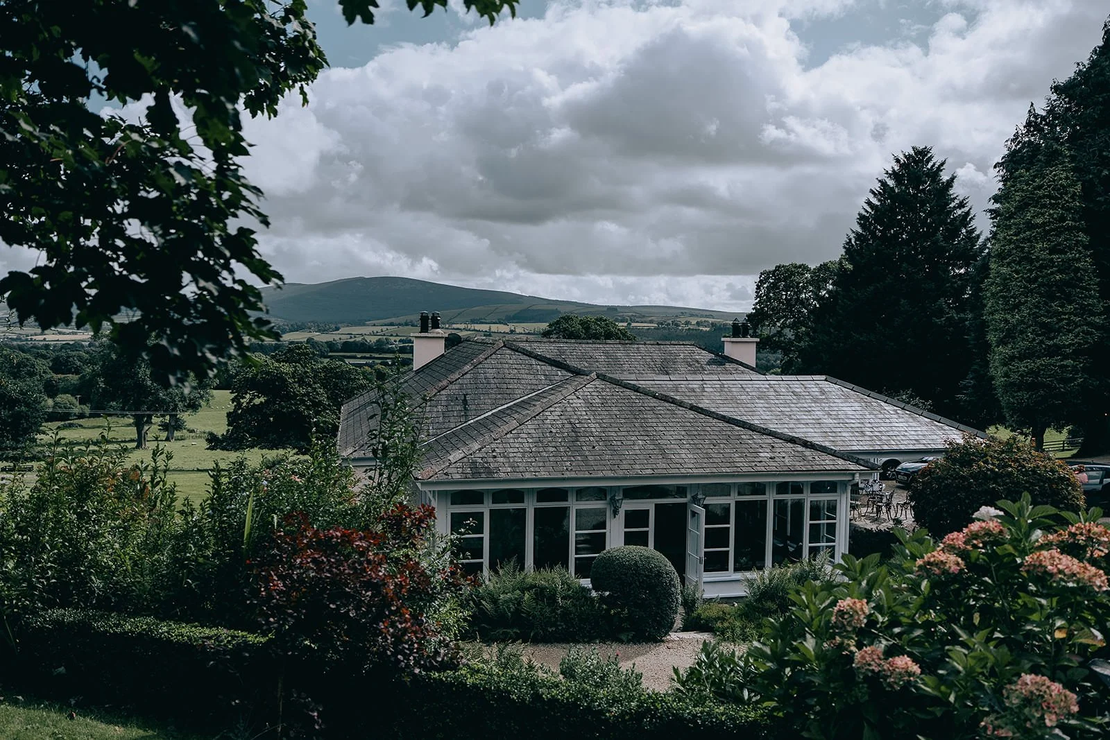 Ballybeg house from above looking out over the hills of wicklow