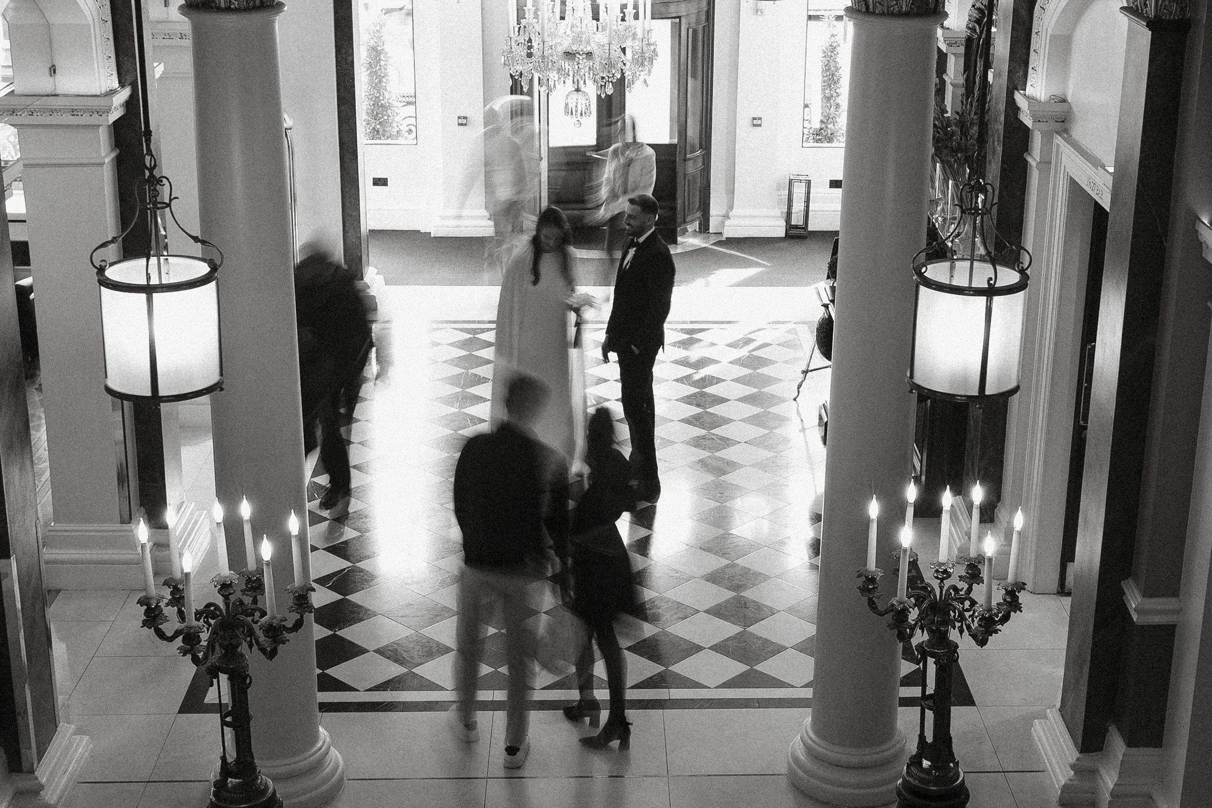 a slow shutter photograph in black and white at 5 star Dublin hotel.