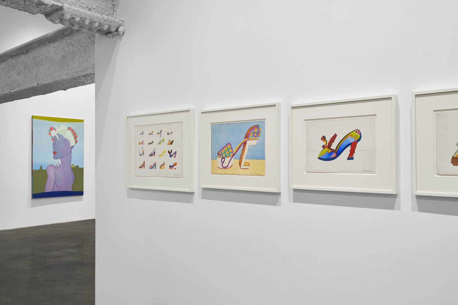  Back wall:  Joline  (2019)  Oil on canvas, 72” x 48”   Foreground left to right : Saw Heel + 15  (1969),  Plaid Platform  (1972),  Dark Blue Sole with Red Heel  (1971).    Ink and watercolor on paper, 16” x 12”   