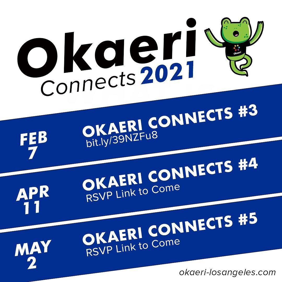 🚨 EVENT DETAILS! 🚨 

We&rsquo;re excited to announce our spring 2021 #OkaeriConnects dates! Join us for meaningful conversations and an opportunity to join the Okaeri community in these virtual times. Link in bio!

PS: our first event is in only a 