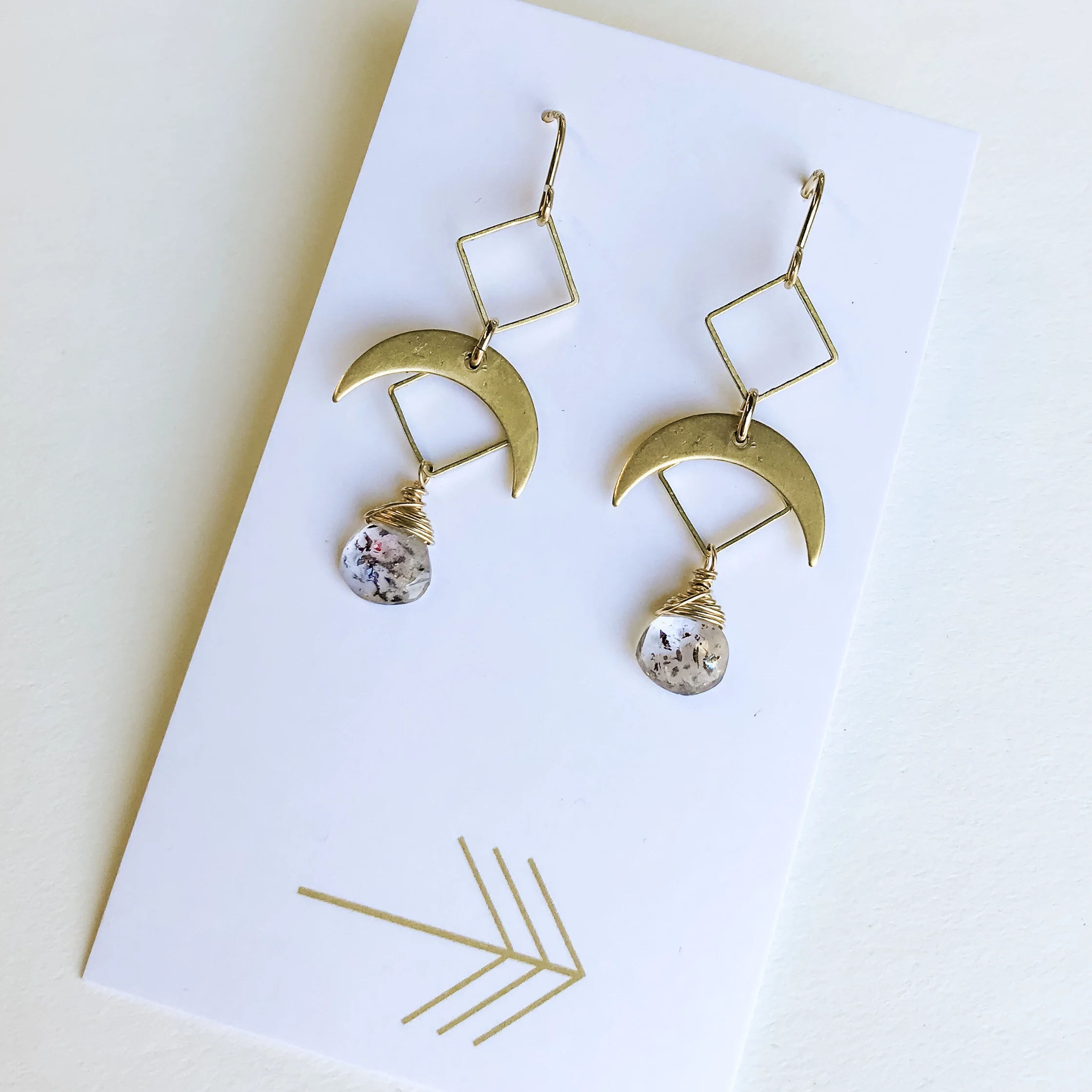 Gemstone Double Diamond and Crescent Earrings