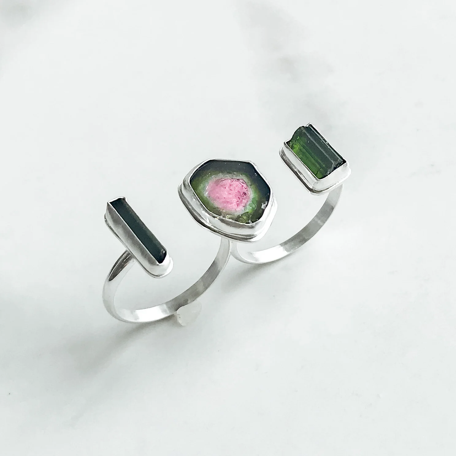 TDD Triple Tourmaline Double Finger Ring, size 7.5