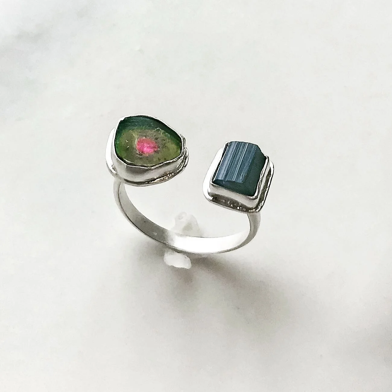 TDD Black and Watermelon Tourmaline Ring, Size 7.5