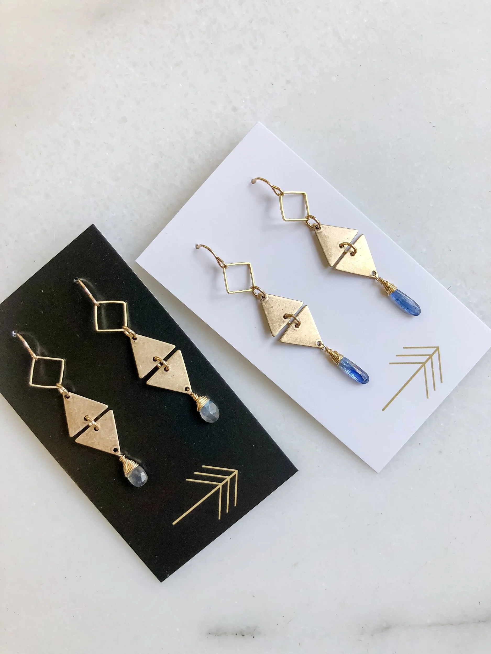 Gemstone Diamond and Double Triangle Earrings