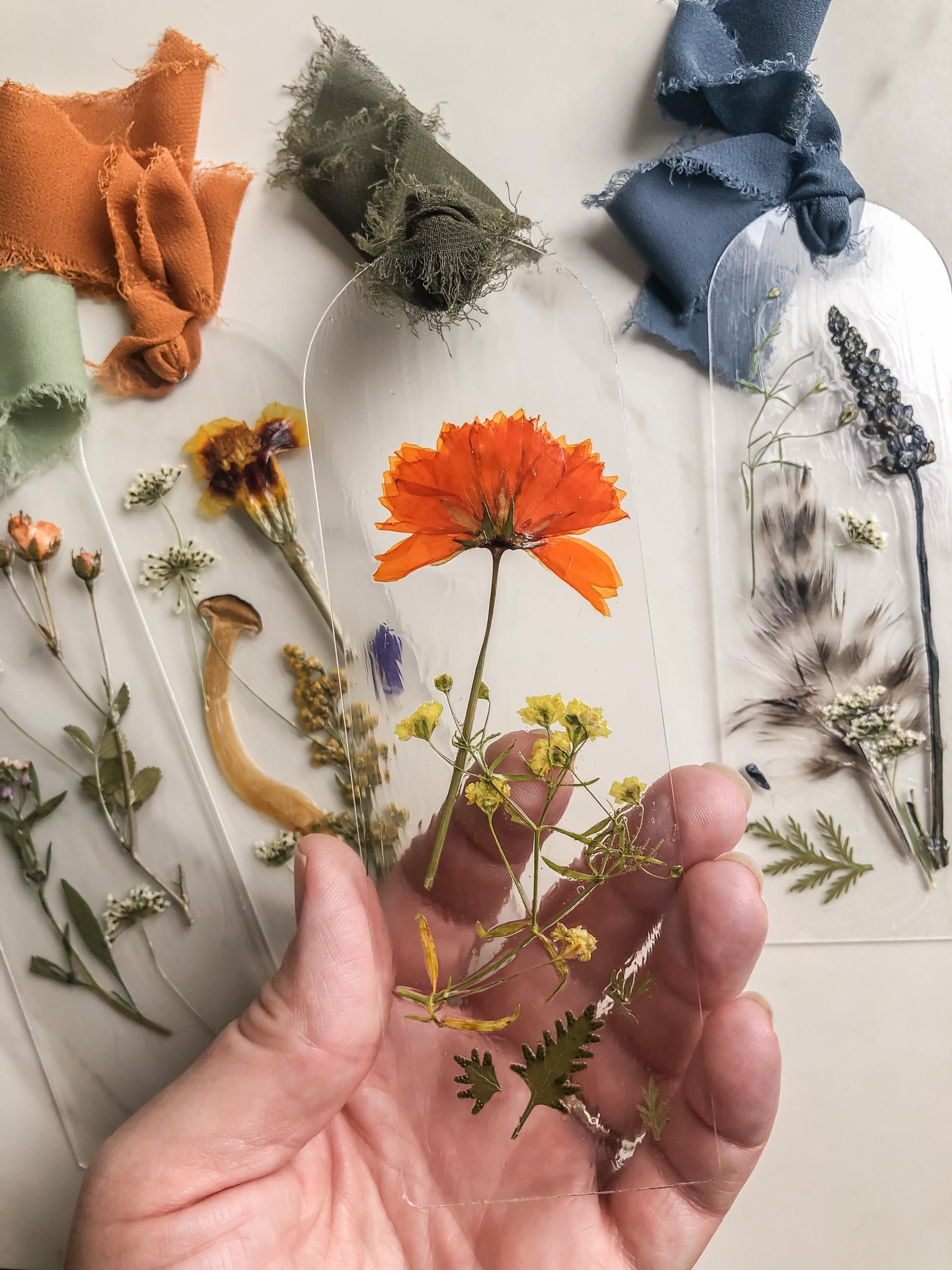 1 - Multicolor Handmade Acrylic Bookmark with Florals Flowers Botanicals Greenery Feathers and Mushrooms.jpeg