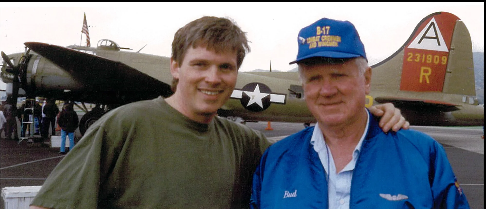  Bud and Mark- May, 1998, Burbank, California Mark Kirkland (left) and Bud Kingsbury (right) after meeting each other, by chance, aboard the B-17 "Nine O' Nine," seen in the background. 