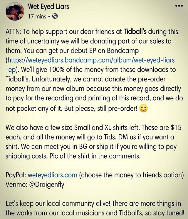 Our website link in the bio will lead to Bandcamp. DM for shirt orders. Let's help out @tidballs! #supportlocalartists #supportlocalvenues #BowlingGreenMusic