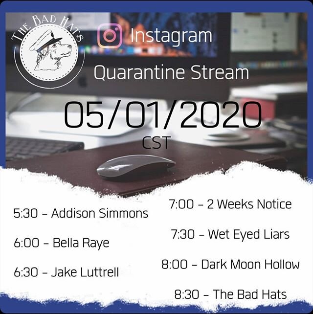 Tune in this Friday! We'll be part of a livestream hosted by @the_bad_hats. There are some great bands playing starting at 5:30CST. We go on at 7:30.