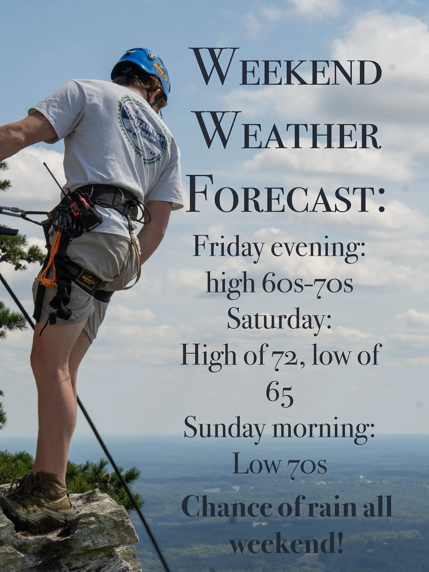 We&rsquo;re getting closer, ladies and gents! Here&rsquo;s the forecast for the weekend and a list of what to pack. Even though it&rsquo;s calling for some rain, that&rsquo;s never stopped us from having a stellar weekend, so come prepared!
Check in 