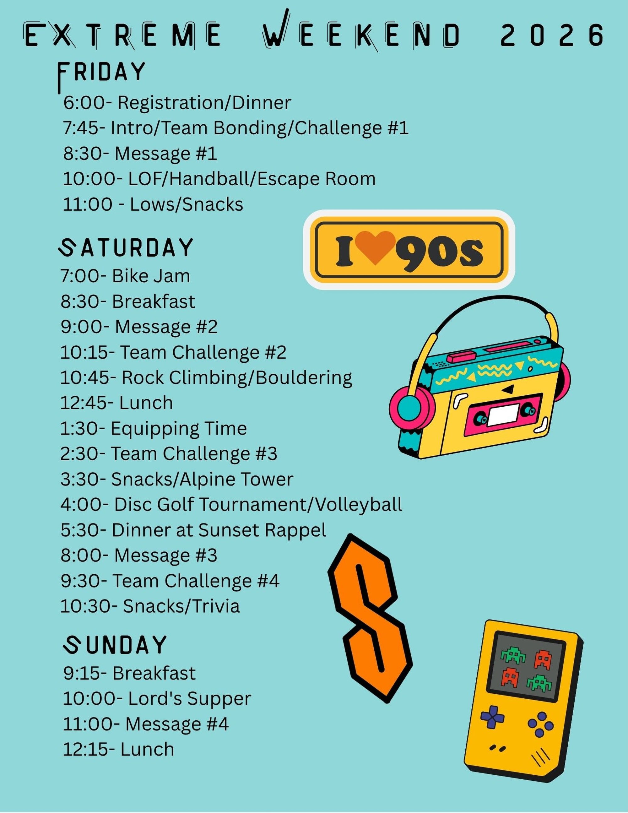 Happy Extreme day! Here&rsquo;s a look at this weekends schedule. As always, it&rsquo;s not too late to sign up 👀 we&rsquo;ll see you all soon!!