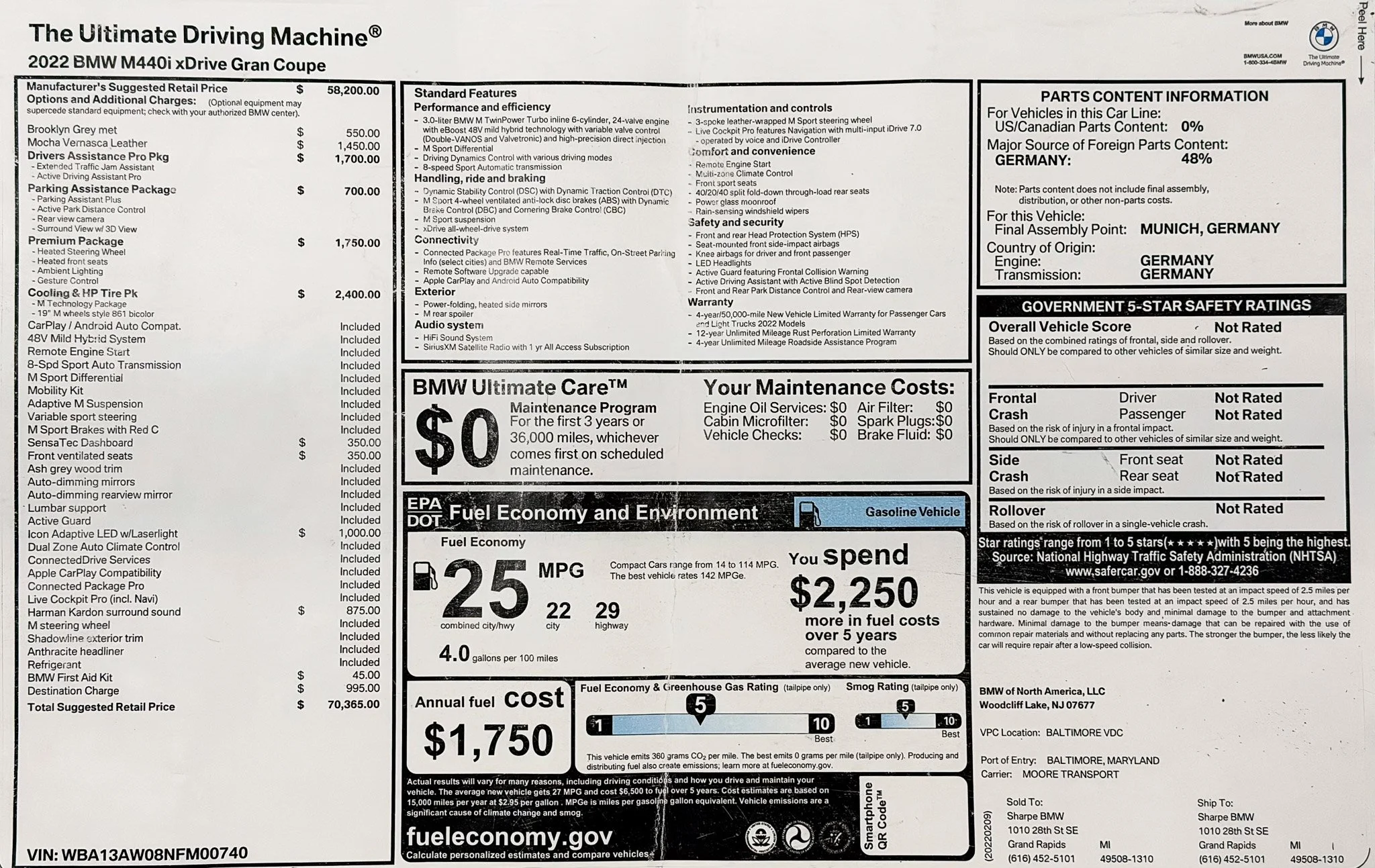 2022 BMW M440i GranCoupe Window Sticker Options List