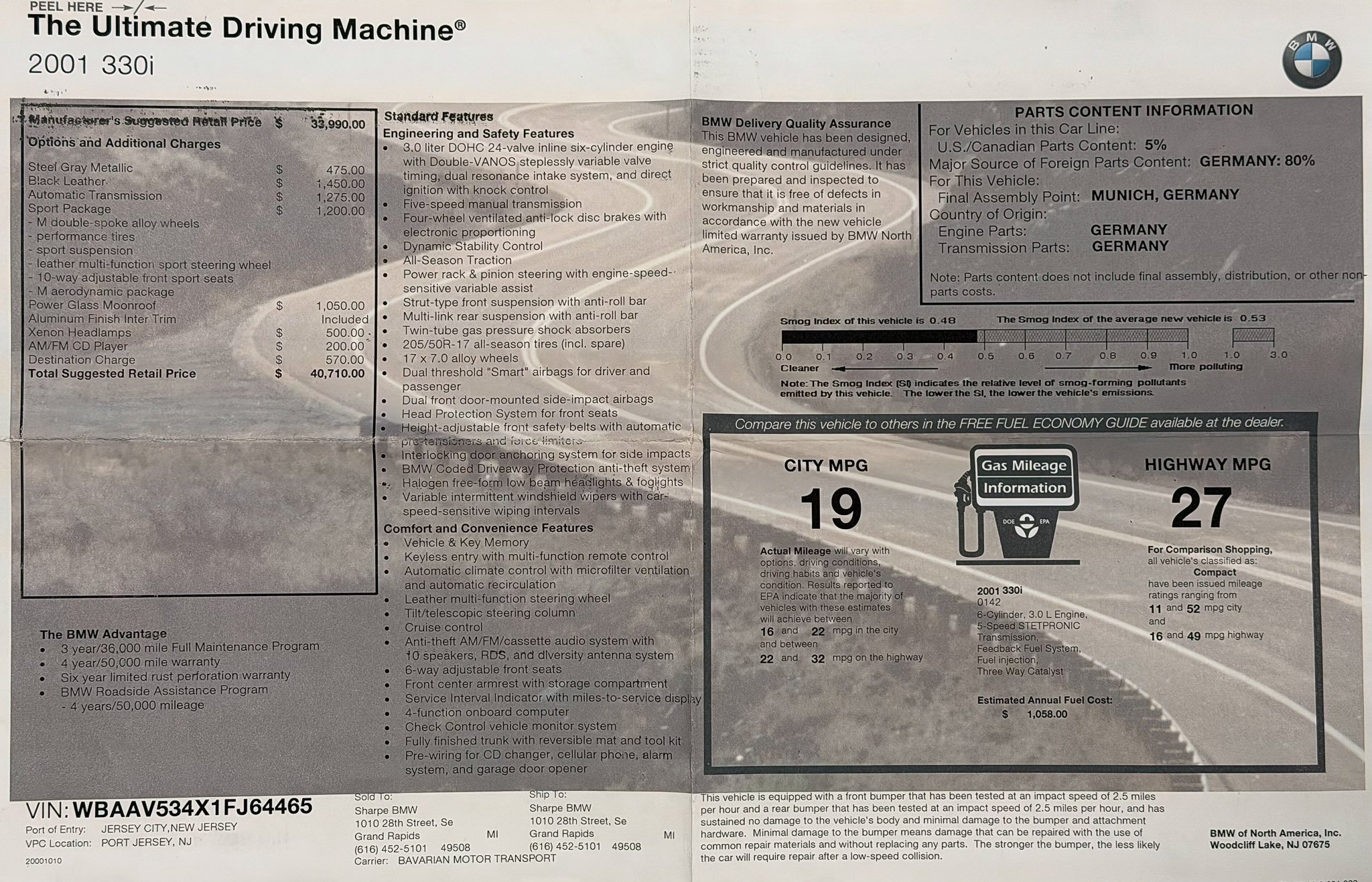 2001 BMW 330i Sport Window Sticker