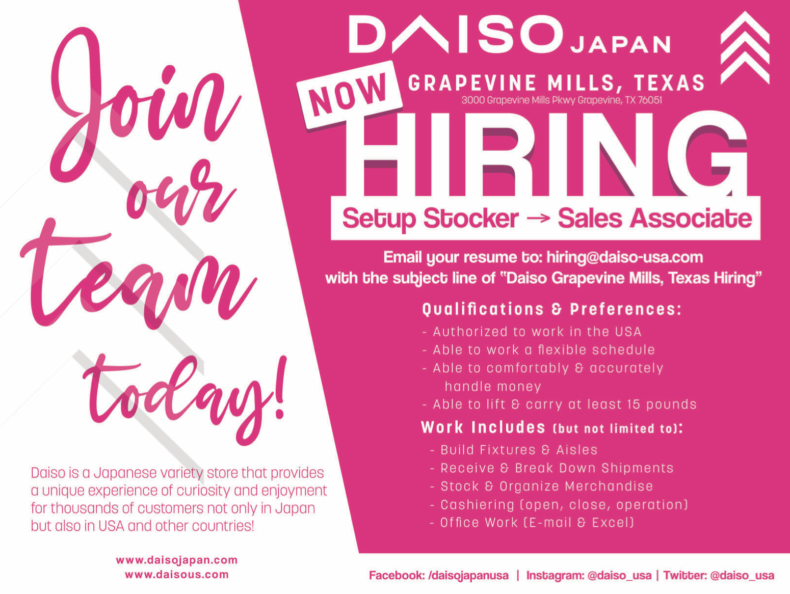 DAISOグレープバインモール開店準備中。テキサス州１１店舗目
