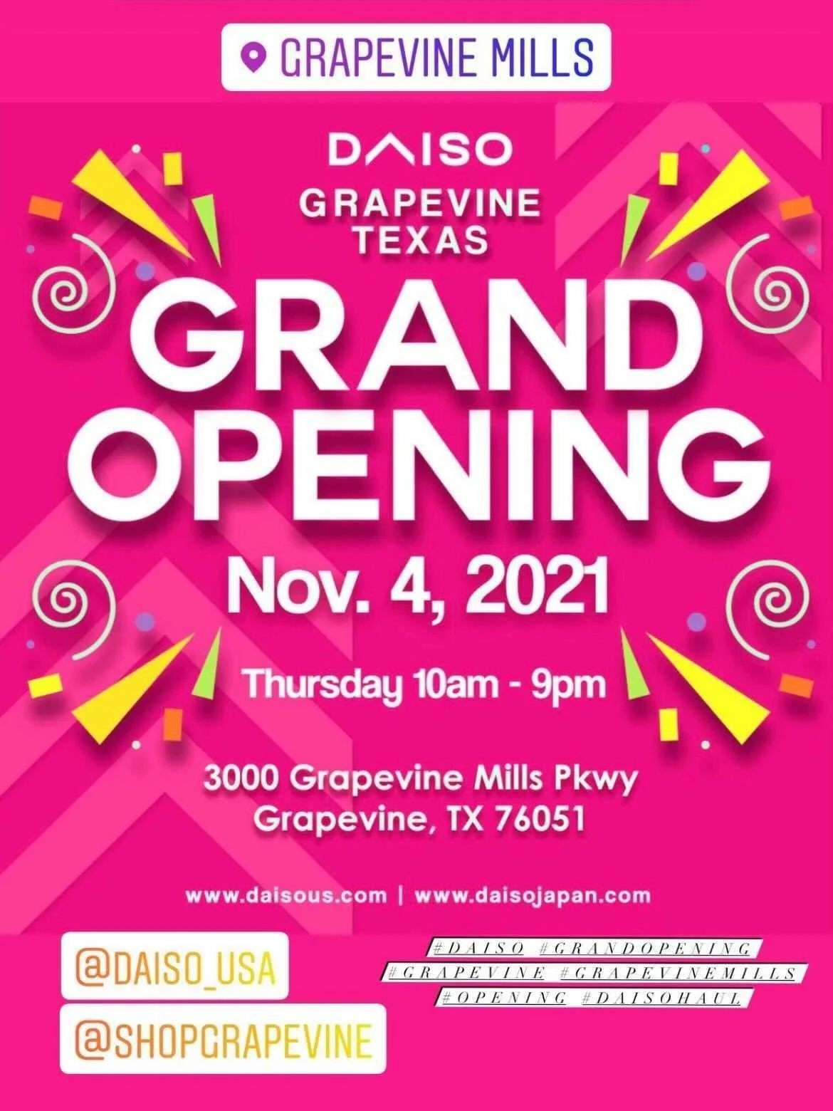 DAISOグランドオープン 11/4 10am、グレープバインミルズ店