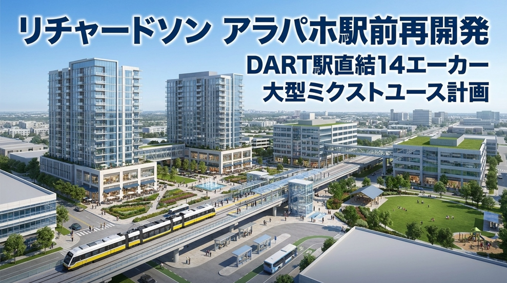 リチャードソン・アラパホ駅前を再開発へ　DART駅直結14エーカーに大型ミクストユース計画