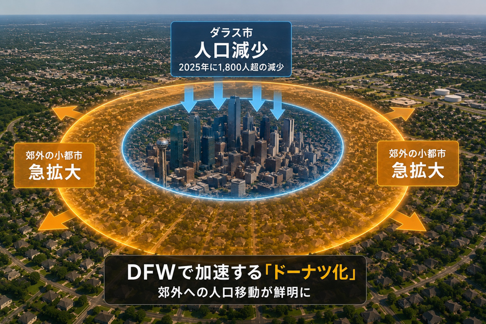 ダラス市の人口が減少　DFWで加速する「ドーナツ化」、郊外への人口移動が鮮明に