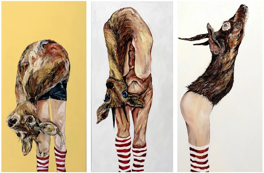 Deer Diary #1 - oil, acrylic and sharpie on canvas, 48x24 in. #2 - oil on canvas, 48x24 in. #3 - oil and fur on canvas, 48x24 in.